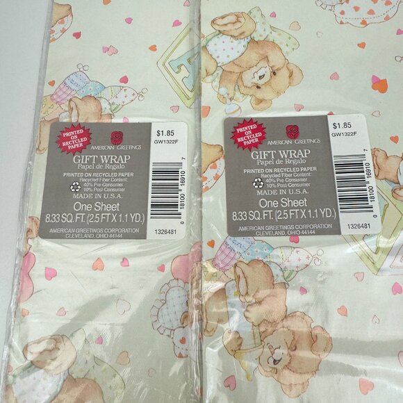 Vtg Teddy Bear Blocks Hearts Baby Child American Greetings Sheet Gift Wrap Paper - Picture 3 of 5